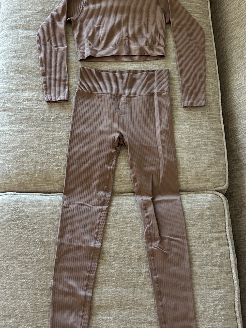 MANGO Women’s Mauve Ribbed 2 Piece Workout Set Crop Top & High Waist Leggings